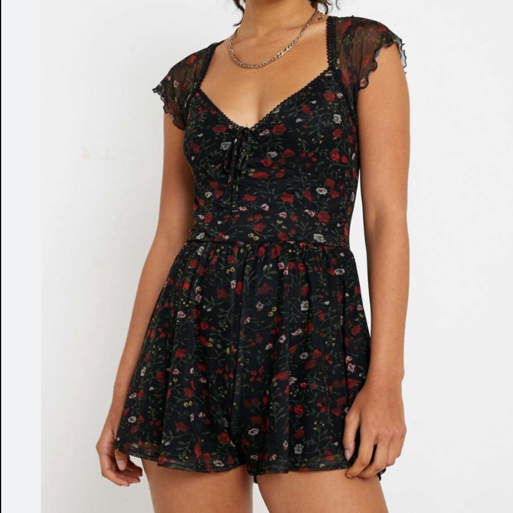 Urban Outfitters Black Floral Mesh Romper